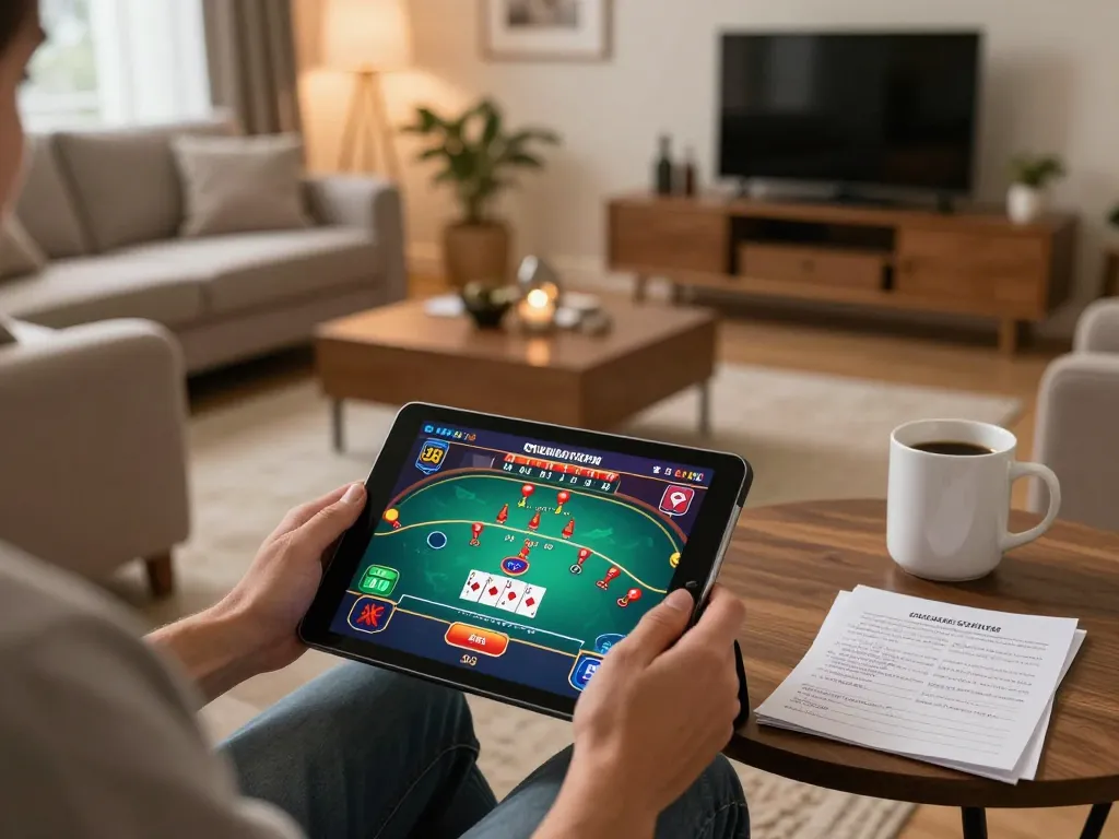 Engaged player using HELLO88 app on tablet at home gaming setup, showcasing strategic betting