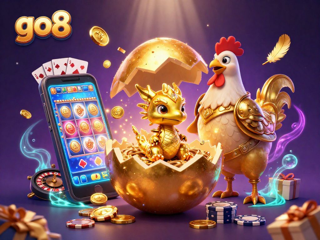 Engage with go8's dynamic gaming experience featuring a golden dragon, poker chips, and slot games.