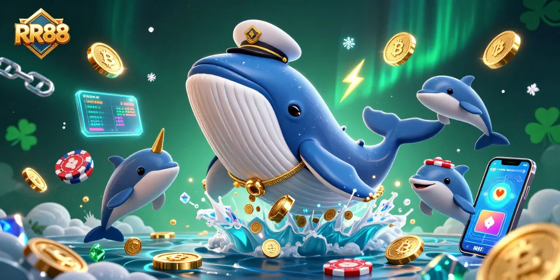 RR88 brings excitement with a massive whale and playful dolphins amidst glowing digital coins.