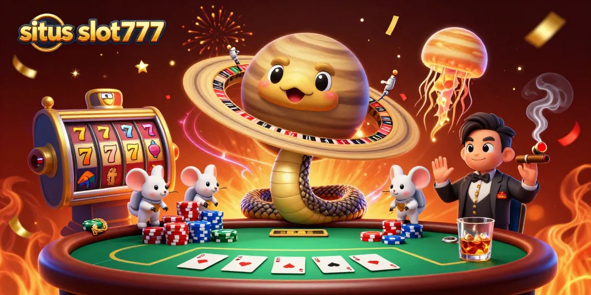 Bet on situs slot777 as cartoon characters gamble with vibrant casino elements.