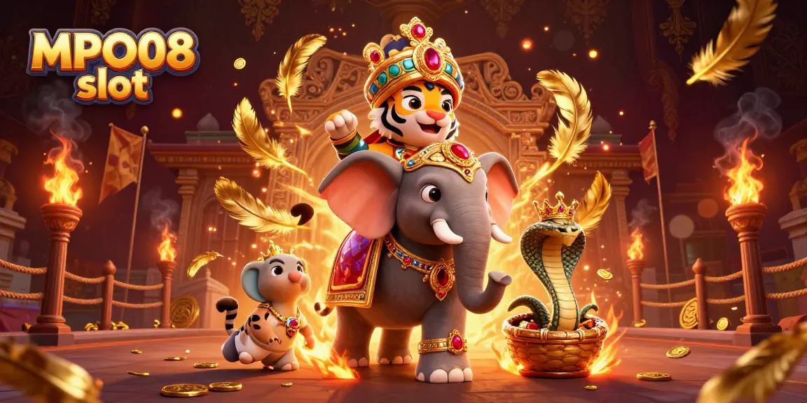 Engage with MPO08 slot through a lavish 3D illustration featuring a maharaja tiger, jewel-encrusted elephant, and rich casino elements.