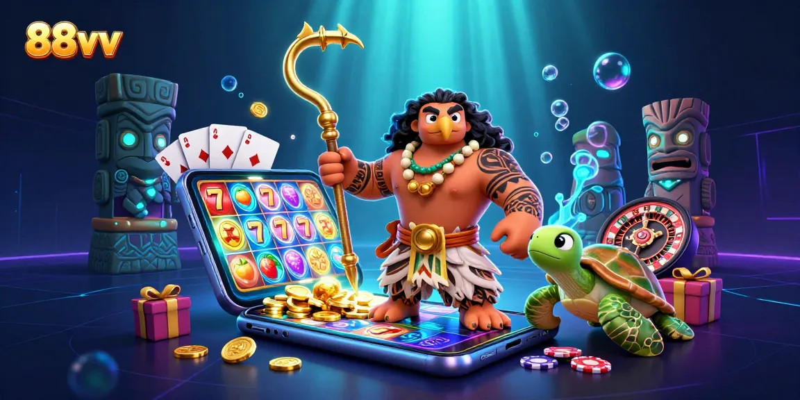 Engage with 88vv's vibrant casino illustration featuring a demigod and gaming elements.
