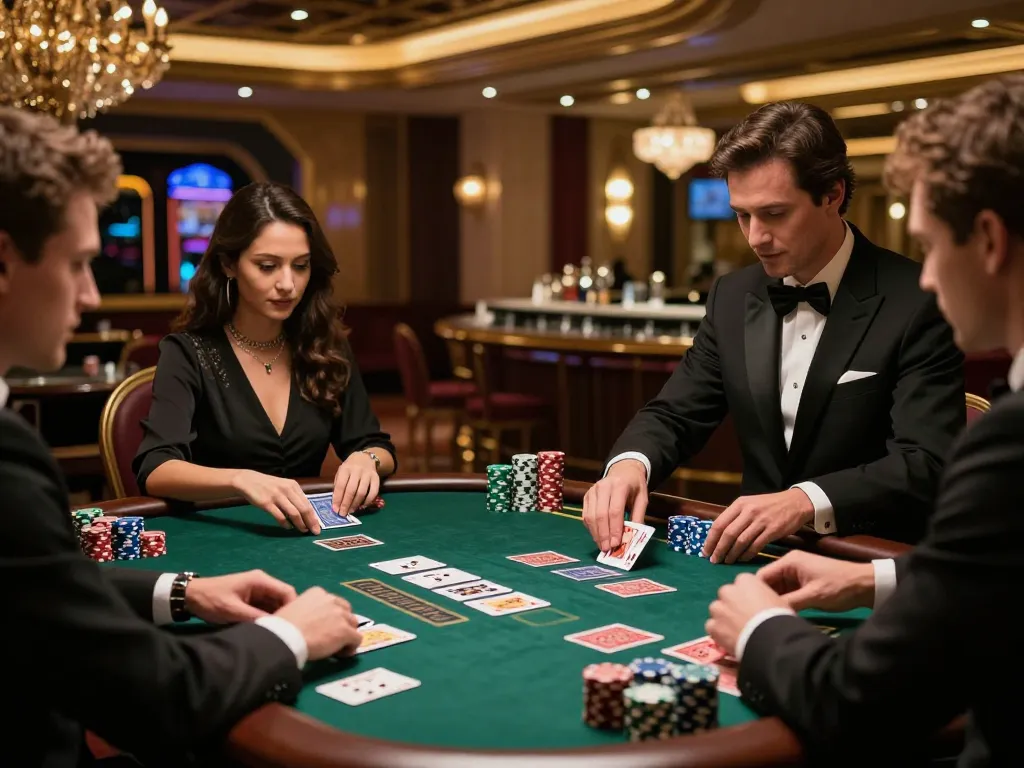 Players engaging in a thrilling GK88 blackjack game at a luxury casino table, showcasing intense gameplay.