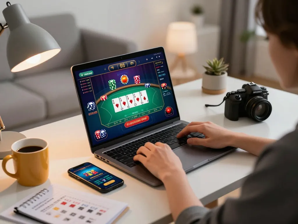 Person engaged in online gambling on a laptop, showcasing 888b poker interface and strategic notes.