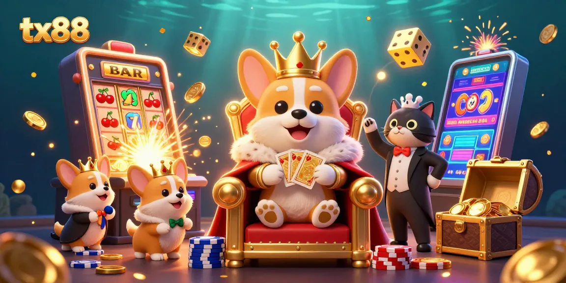 Spin to win at tx88 with a royal corgi, treasures, and vibrant casino symbols!
