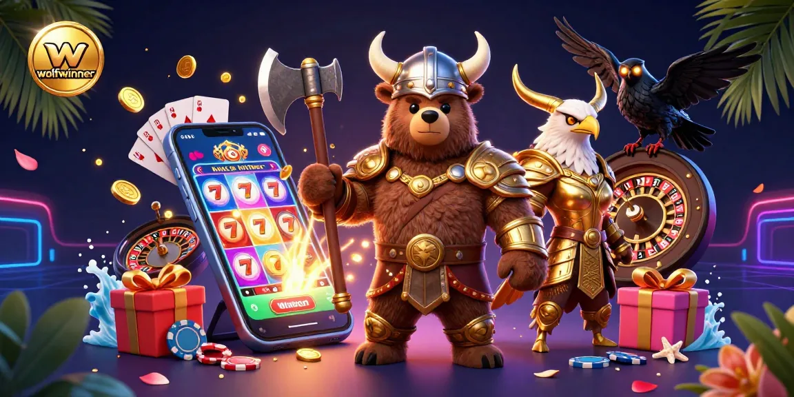 Engage with exciting slot games at wolfwinner featuring Viking and eagle characters surrounded by poker chips.