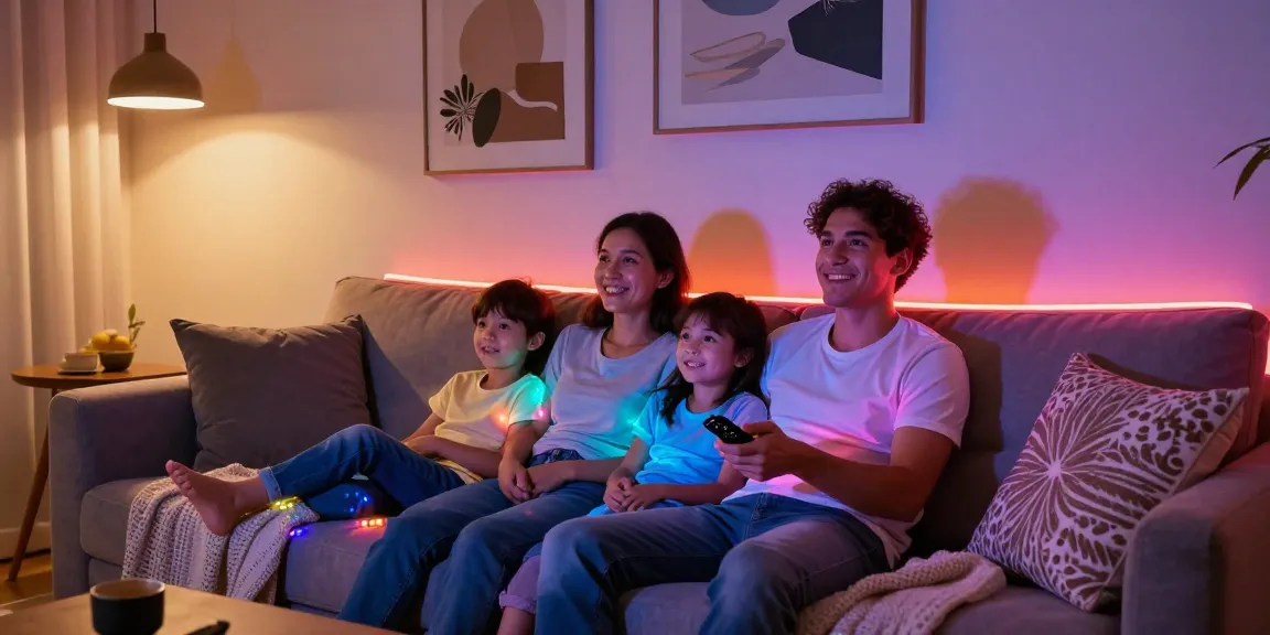 Într-un living modern, benzi LED colorate creează o atmosferă primitoare pe timpul serii.