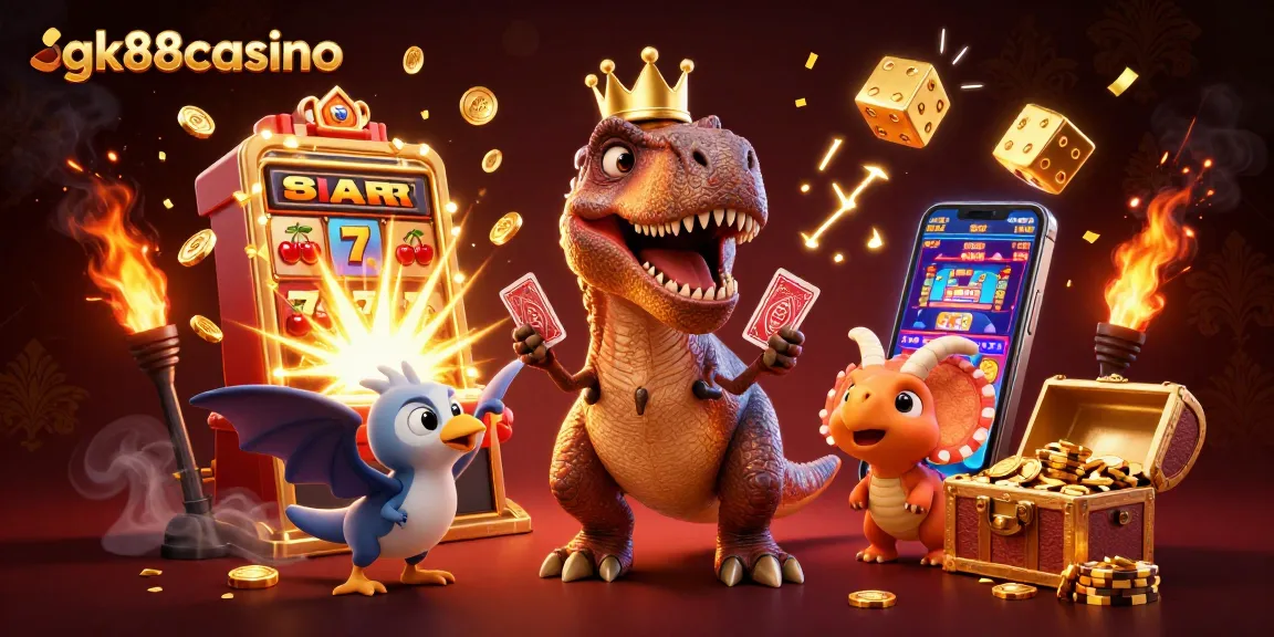 Experience exciting gameplay at gk88casino featuring a T-Rex shuffling cards and a treasure-filled scene.