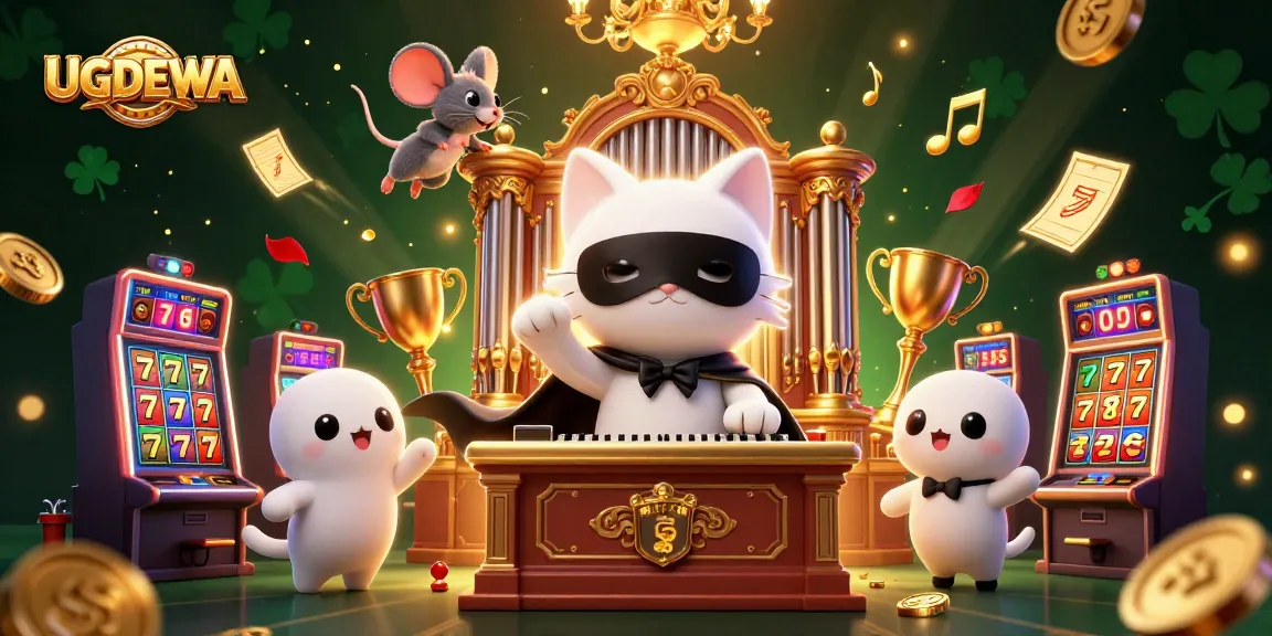 Spin to win with UGDEWA, featuring a playful casino scene with slot machines and vibrant characters.