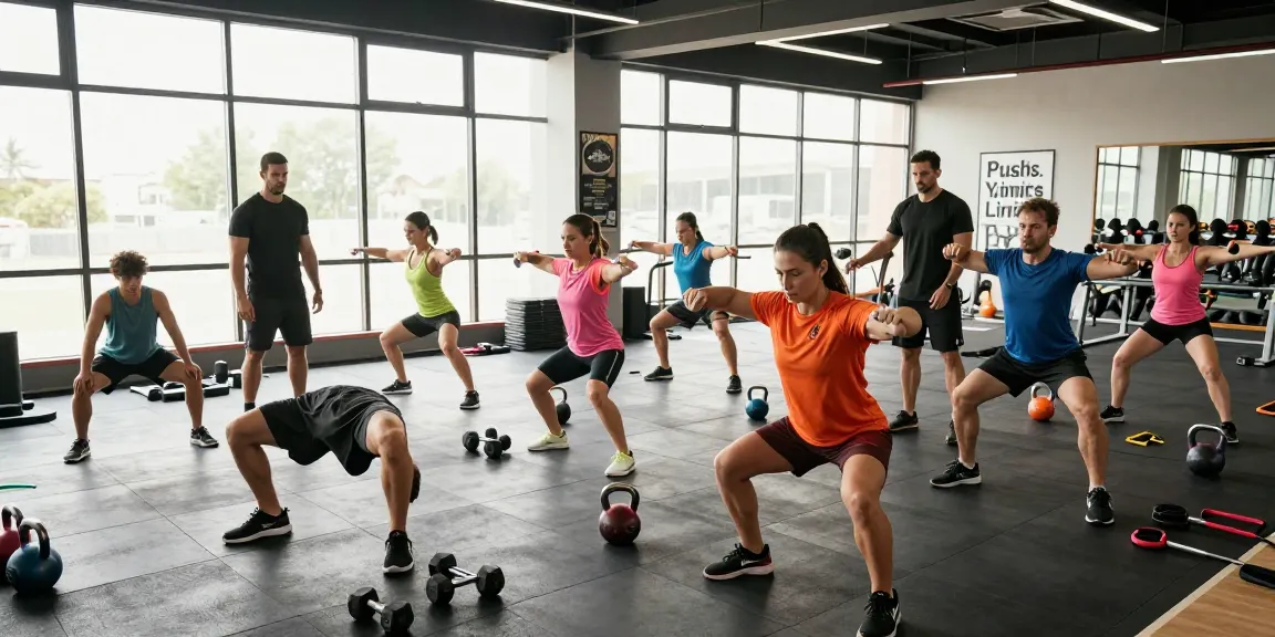 Energiegeladenes Fitness-Workout bei Steroidshop mit Sportlern, die in einem hellen Fitnessstudio Gewichte heben