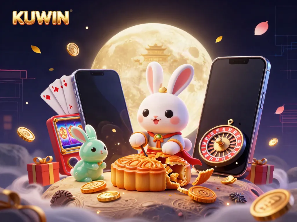 Spin to win at KUWIN with a mesmerizing 3D illustration featuring playful moon rabbits and vibrant casino elements.
