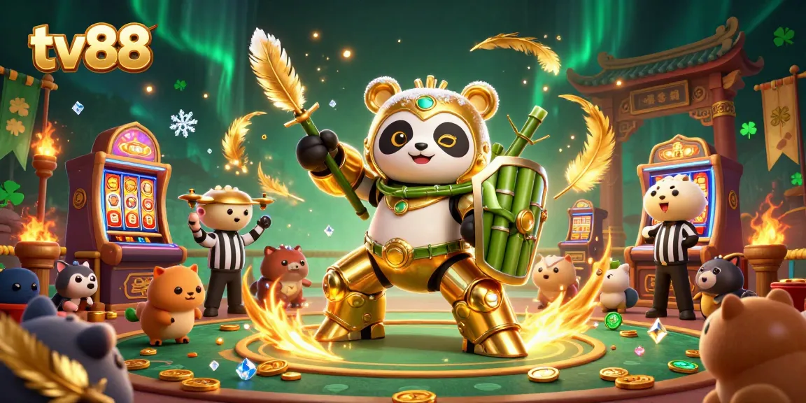 Engage in thrilling gaming battles with tv88's adventurous panda piloting a fighting robot in the casino arena