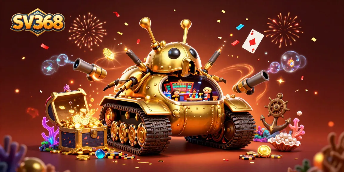 Experience the vibrant SV368 casino scene with golden beetle tank and exploding treasures.