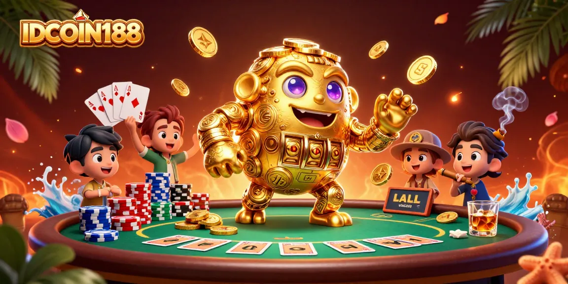 IDCOIN188 gaming scene featuring a golden golem and poker elements.