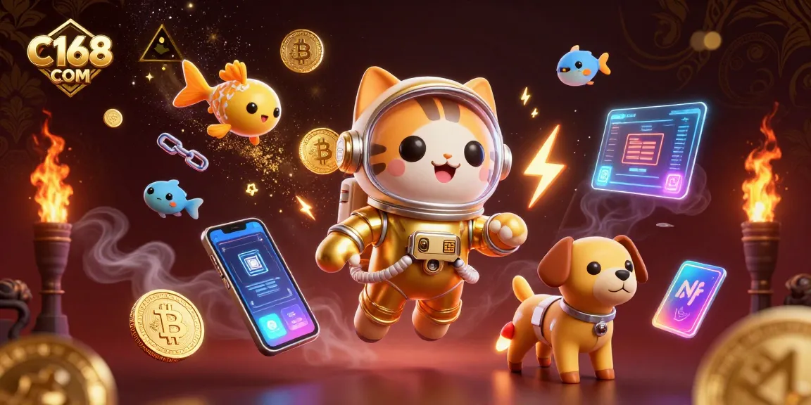 C168 COM presents a cosmic gaming scene with a golden astronaut cat and thrilling casino elements.