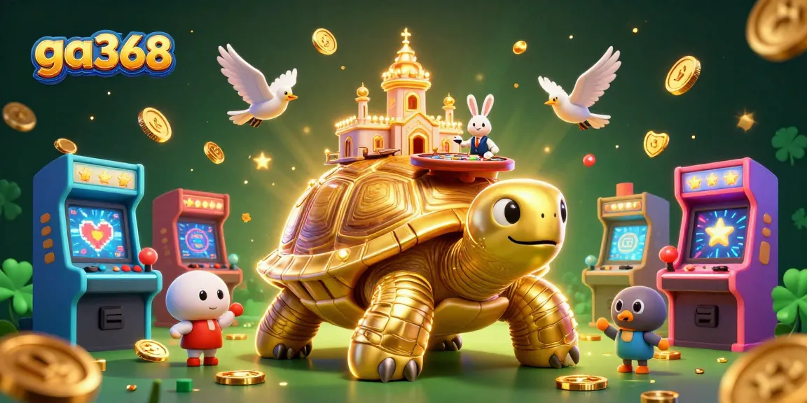 Experience thrilling action with ga368 as birds fly coins by an illuminated casino on a golden tortoise's shell.