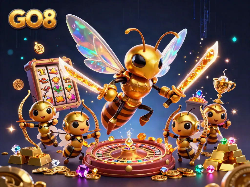 Experience thrilling action with GO8's captivating casino games, featuring a 3D golden hornet in a vibrant scene.