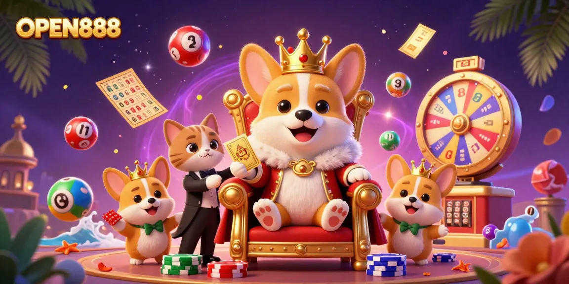 Experience thrilling moments with OPEN888 as a royal corgi oversees lively casino fun!