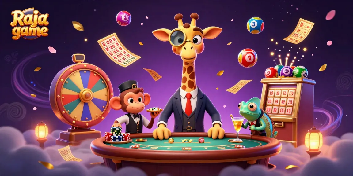 Play exciting Raja game with vibrant lottery balls and lively casino characters in a dynamic illustration.