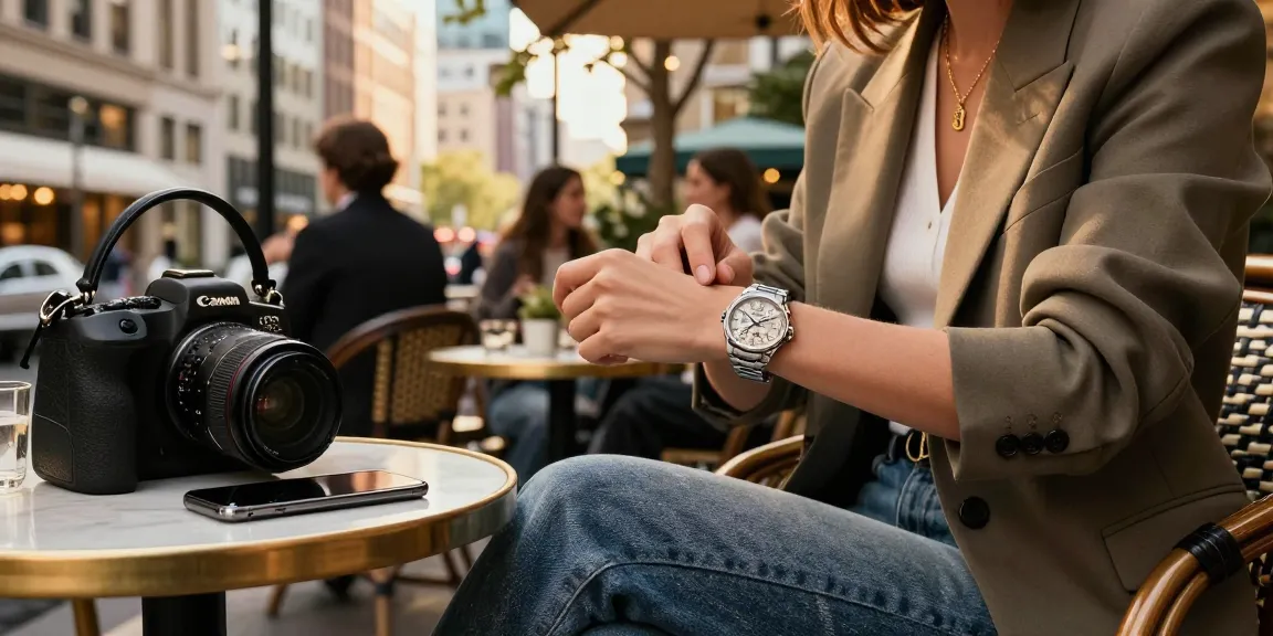 Stylish individual showcasing high-quality replica watches at a chic outdoor café, surrounded by a vibrant urban ambiance.