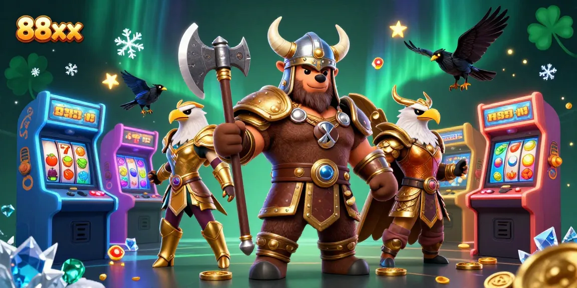 Experience the excitement at 88xx with a vibrant 3D casino illustration of Viking and Valkyrie characters amidst slot game action.