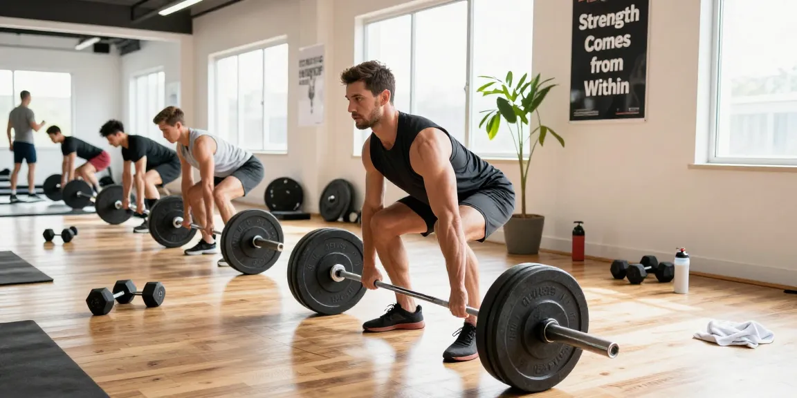 A bodybuilder performing deadlifts in a vibrant gym atmosphere at the Anabolika Shop, focusing on strength and fitness.