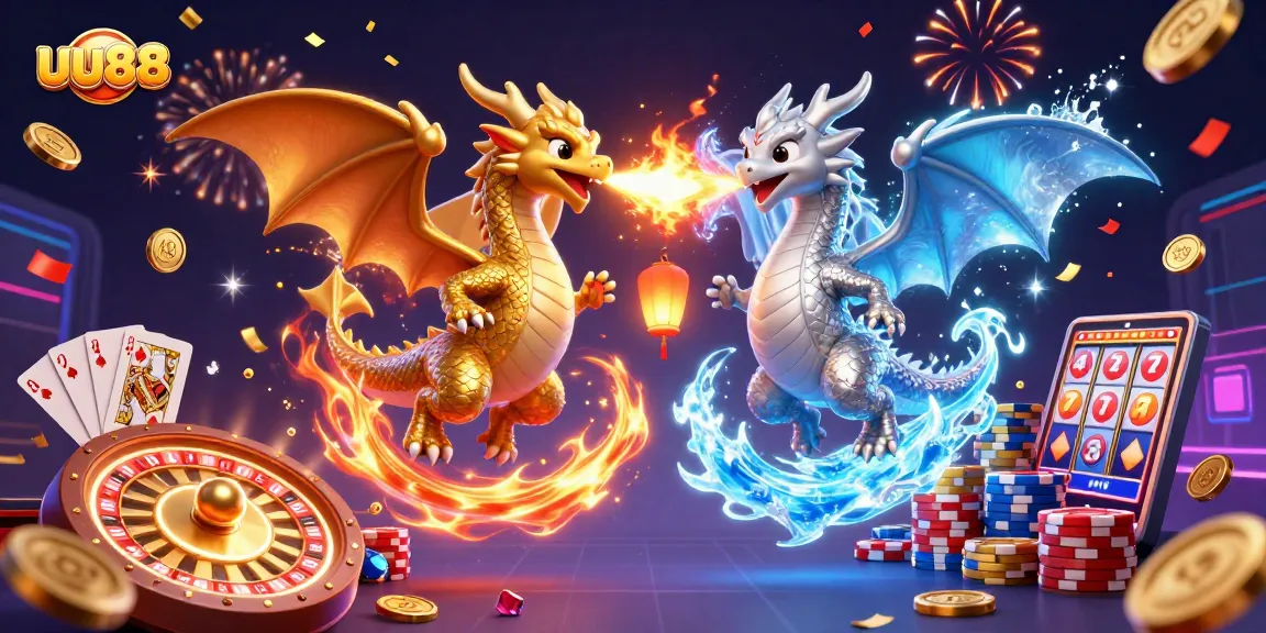 Win big with uu88's promotional illustration, showcasing a vibrant casino scene featuring dragons and game elements.
