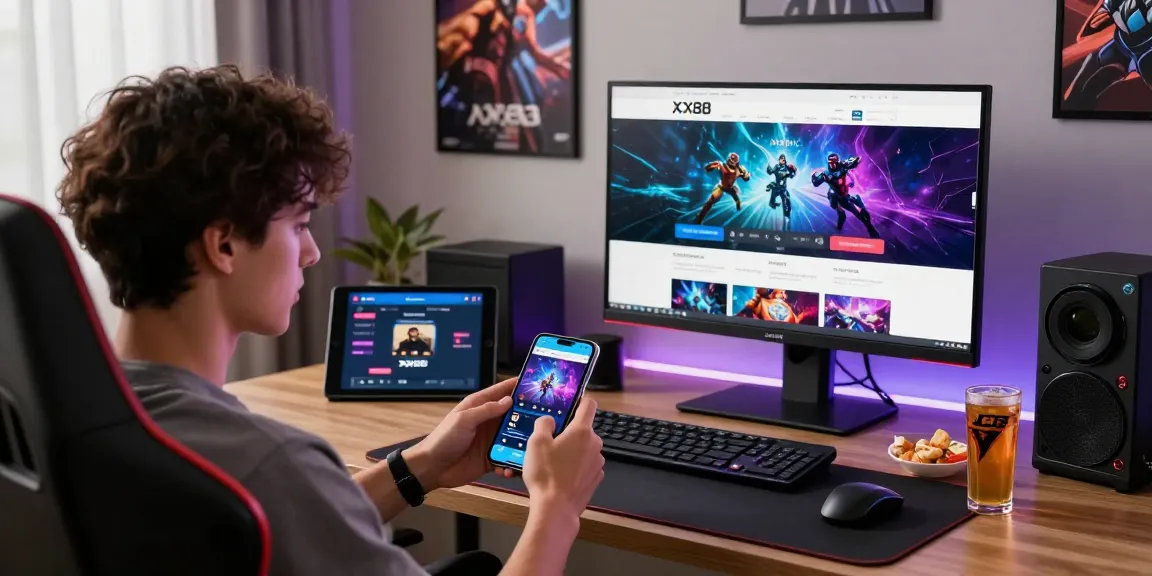 Player enjoying the XX88 mobile app in a vibrant gaming setup with snacks and ambient light.