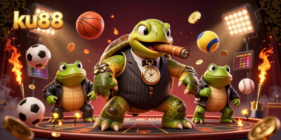 Experience thrilling action at ku88 with our unique 3D casino scene featuring a snapping turtle and sports elements.