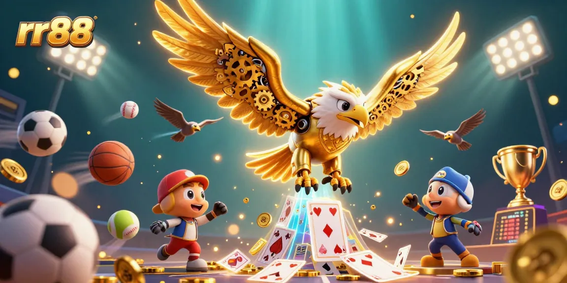 Join the thrilling action on rr88 with vibrant gaming elements like sports balls and trophies.