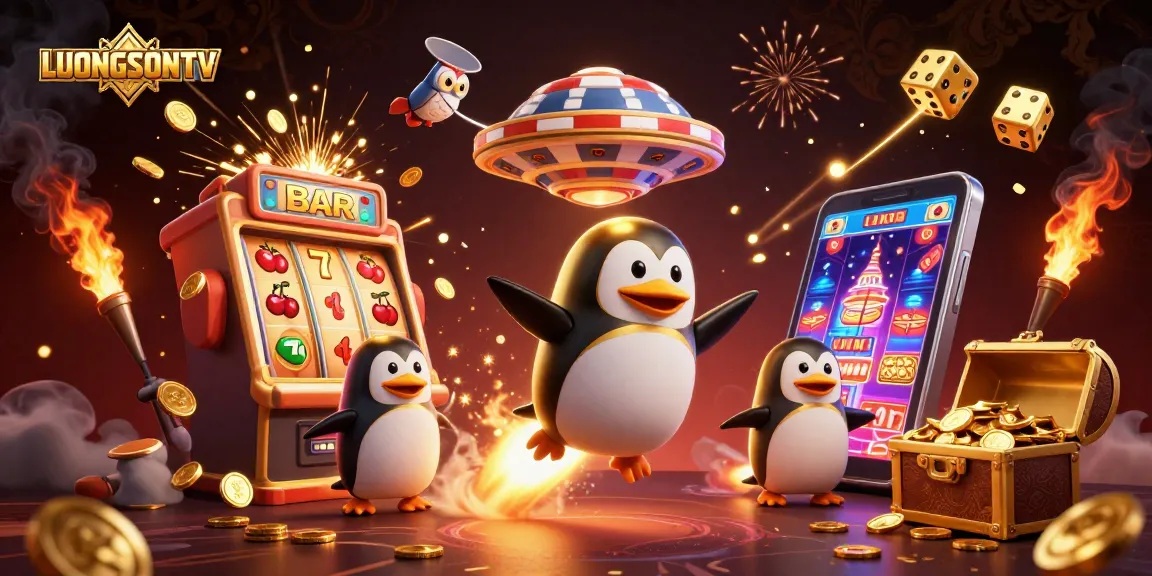 LUONGSONTV showcases a golden penguin launching into a casino world filled with prizes.