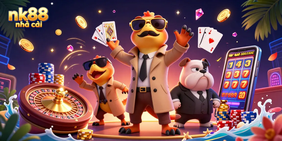Experience excitement in nk88 nhà cái with raptors sneaking into a casino, surrounded by vibrant gaming elements.