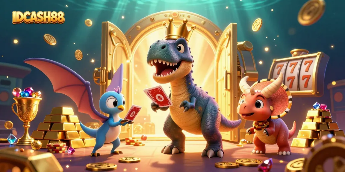 Join the fun at IDCASH88 where a T-Rex plays cards and chips stack high in a vibrant casino.