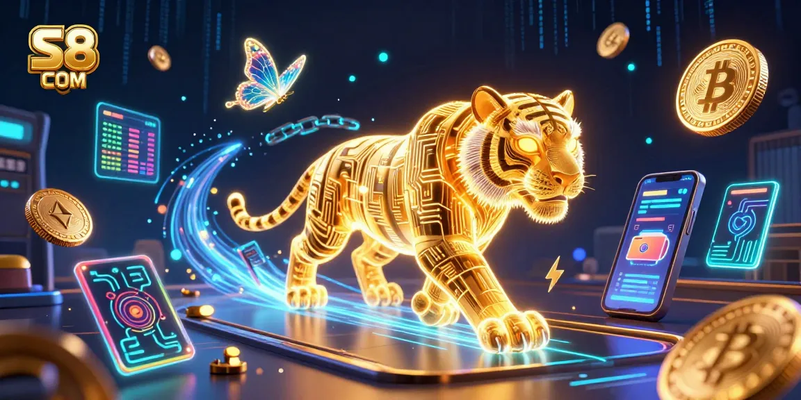 Explore the vibrant digital casino landscape with the S8 COM neon tiger and crypto elements.