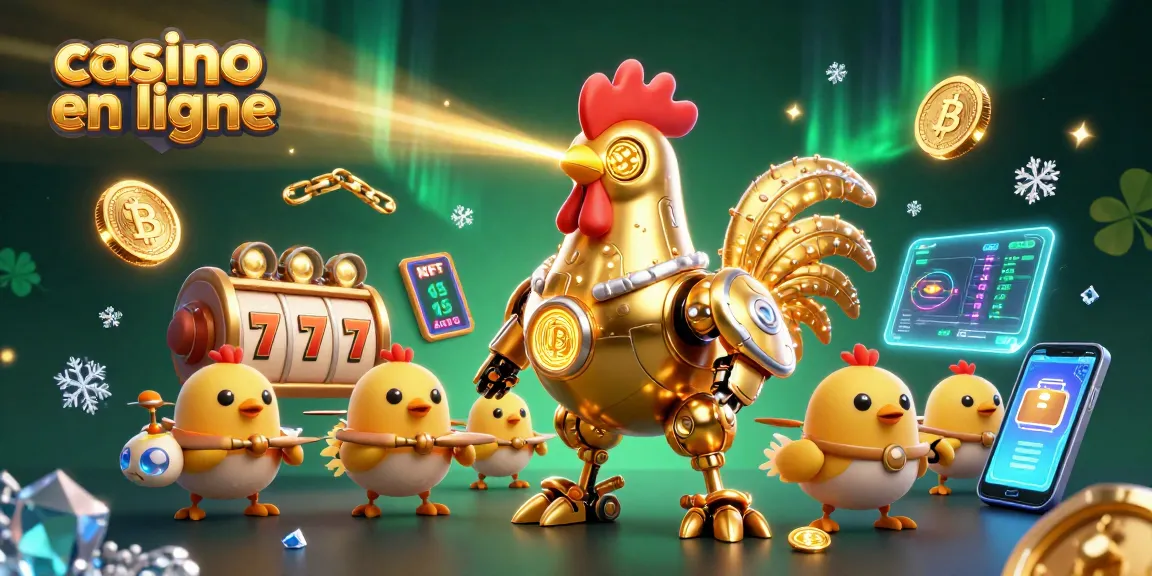 Vente de casino en ligne avec un robot en or cartoonesque et des drones en arrière-plan, ambiance festive.