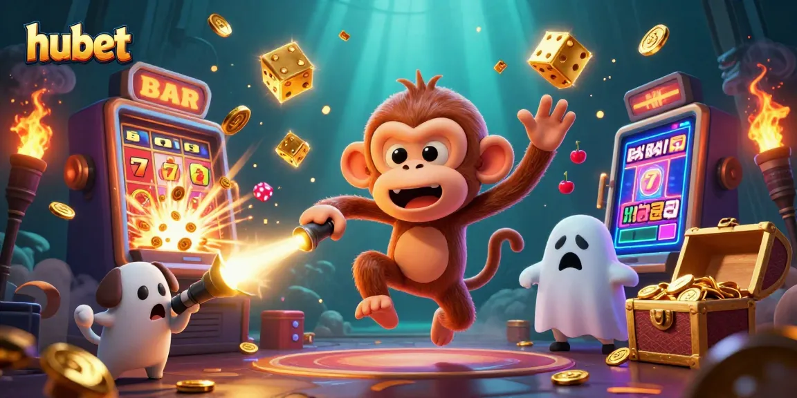 Engage with the hubet gaming experience through a lively scene of a mischievous monkey and ghost-hunter puppy.