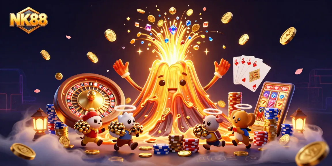 NK88 players chase treasure as a volcano erupts with coins and gems in this vibrant casino scene.