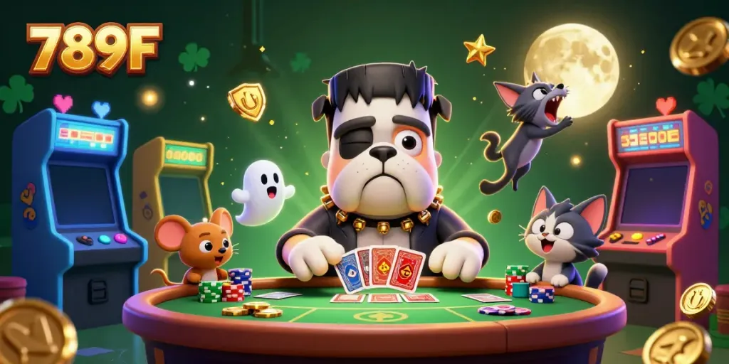 Experience the thrill of gambling at 789F with a vibrant 3D casino scene featuring unique characters.
