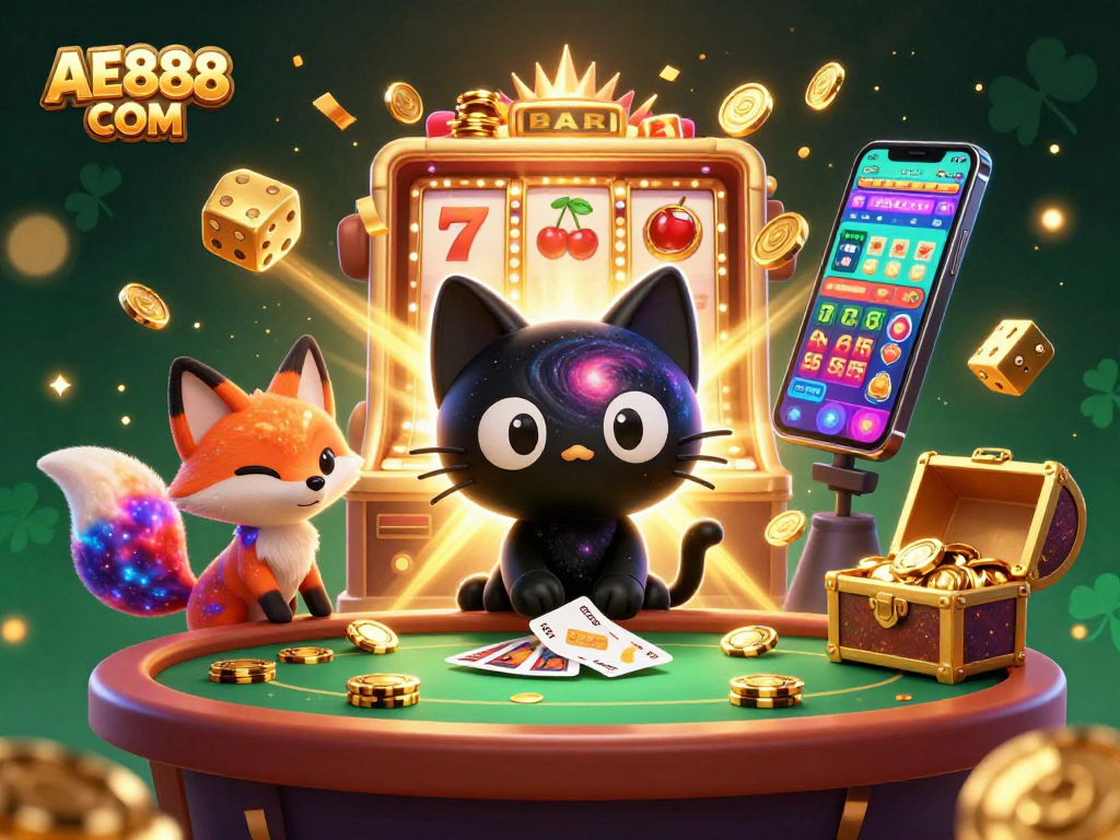 Experience the magic of AE888 COM with cosmic cats and vibrant casino elements in an engaging scene.