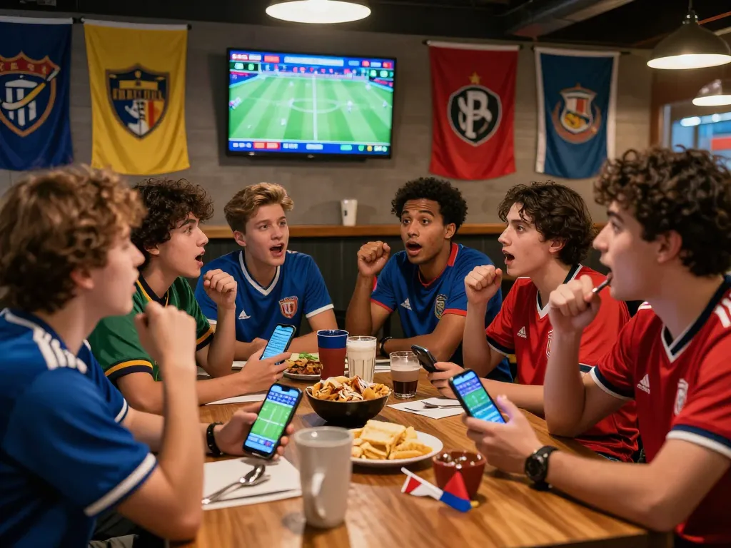 Tỷ lệ kèo nhà cái in a lively sports bar atmosphere with fans analyzing betting odds on multiple screens.