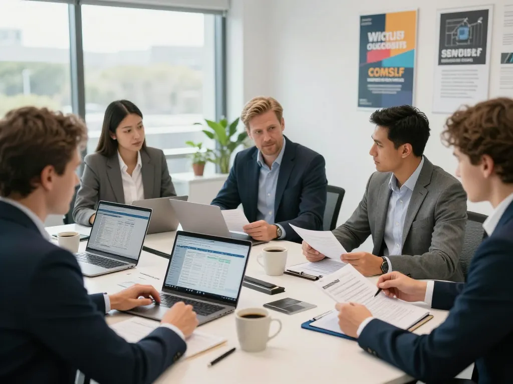 SMSF Accountants discussing compliance documents in a bright office setting.
