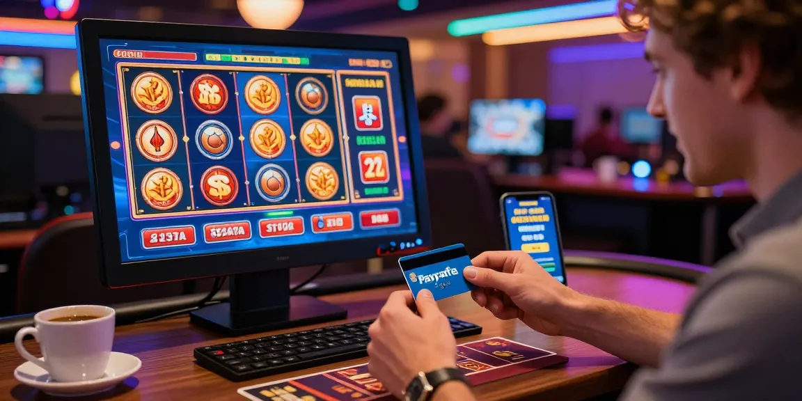 Paysafe Card Casino-Spieler tätigt eine sichere Einzahlung an einem einladenden Online-Gaming-Setup mit lebendigen visuellen Effekten.