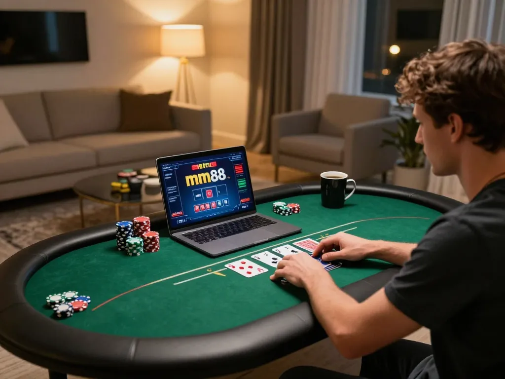 Player engaging with mm88's online casino on a laptop in a cozy living room, highlighting responsible gaming.
