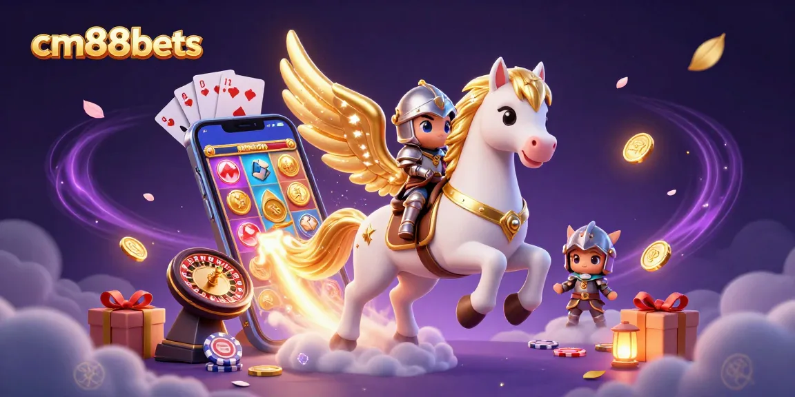 Experience thrilling gameplay at cm88bets with 3D cartoon illustrations of a celestial horse, gaming elements, and vibrant casino action.