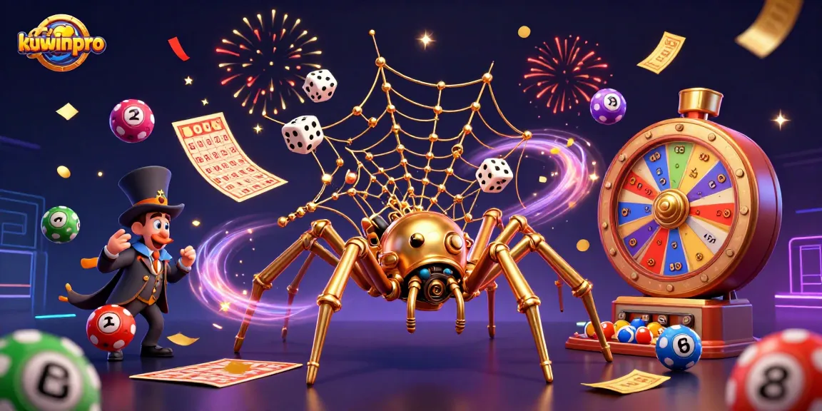 Engage with kuwinpro in vibrant 3D casino elements featuring golden spider and dynamic lottery visuals.
