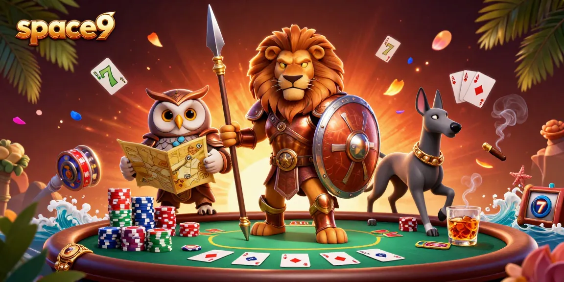 Engage with space9 casino's vibrant 3D scene featuring poker elements and colorful game symbols.
