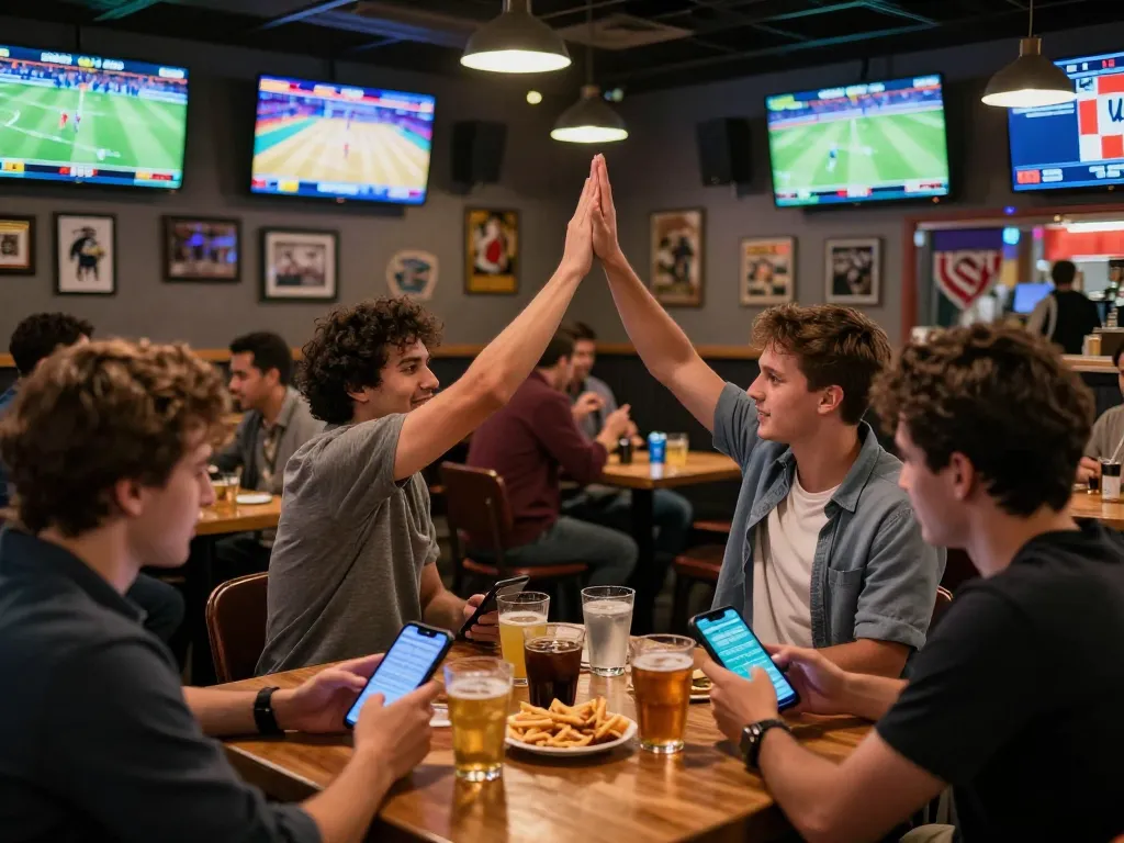 Exciting sports betting scene at a lively bar with patrons engaging with gg88 com for real-time odds and betting.