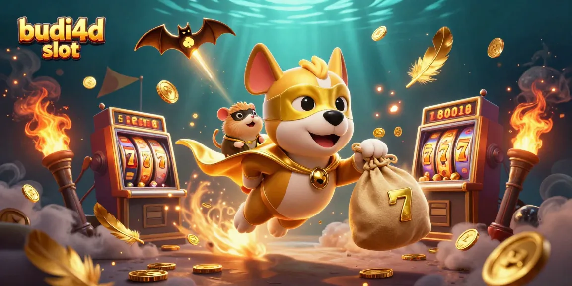 Exciting budi4d slot action showcasing a heroic dog and hamster in a vibrant casino scene.