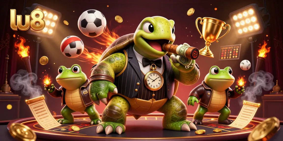 lu88 showcases a dynamic casino scene with a turtle mobster, bullfrog enforcers, and sports elements.