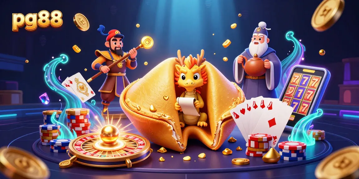 Engage in thrilling gaming adventures with pg88's vibrant 3D illustration featuring fortune cookies and dragons.